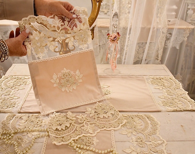 Wonderful trio of beige mini velvet doilies and “Claire” lace