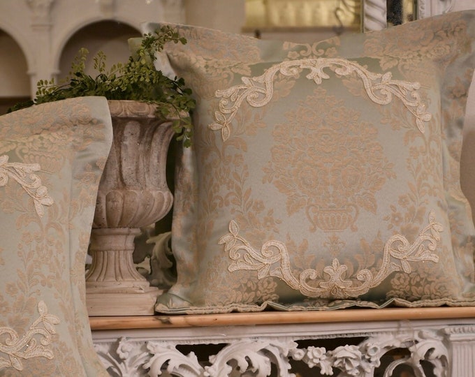 Collection "Royal Style", Luxury cushion light blue satin and fine lace, medallion decoration