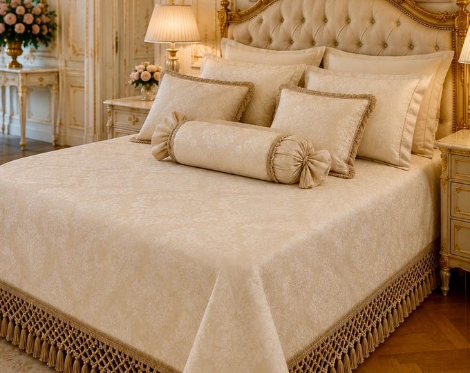 Wonderful and luxurious ivory damask bedspread and precious trimmings