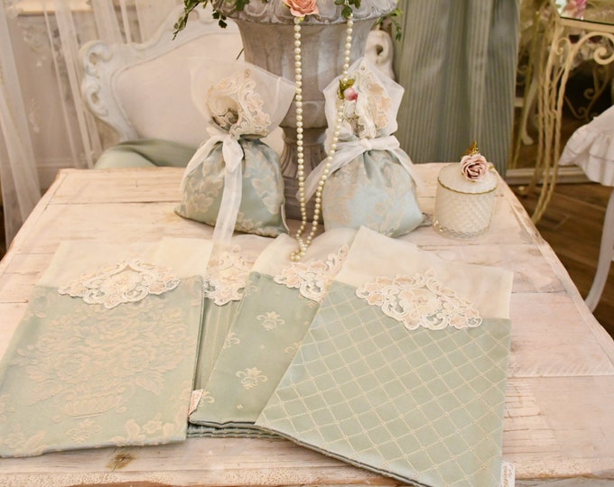 Wedding favor in “Baroque” Damascus luxury light blue fabric