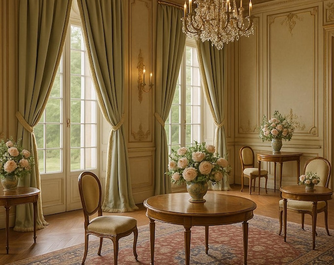 Pair of light sage green curtains - Royal Style Collection - Pair of tailored panels with trimmings
