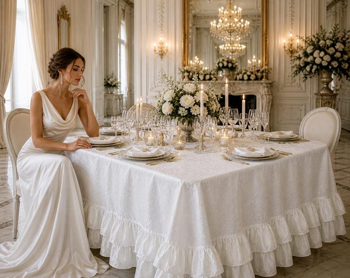 Shabby chic tablecloth with all-white taffeta voile