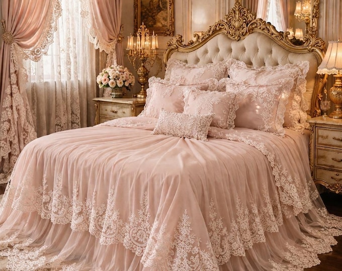 Tailored Pink Georgette Bedspread with Italian Lace Cutouts