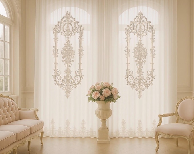 Wonderful curtain panel in linen and “Renaissance” embroidery