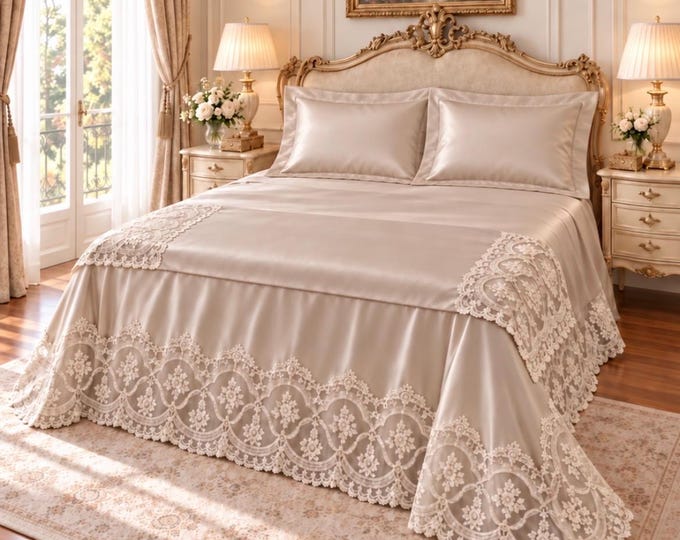 Italian cotton satin bedspread with embroidered lace, bed set with pillow covers, cushion set and matching runner