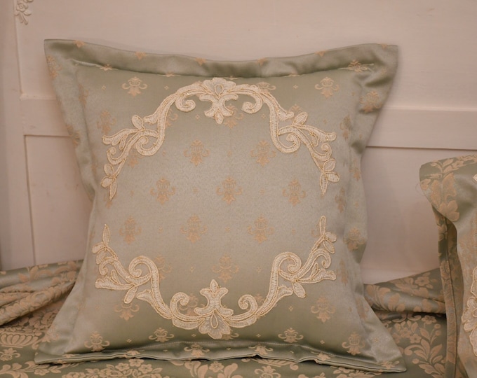 LUXURY cushion in light blue satin and fine lace, “Royal Style” collection, lily decoration