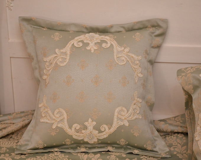 LUXURY cushion in light blue satin and fine lace from the “Royal Style” collection, lily decoration