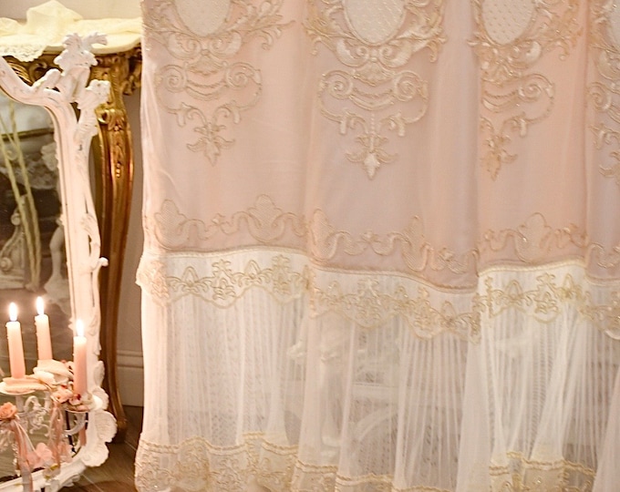 Wonderful lace curtain with embroidery Precious curtains collection with pink georgette “Carol”