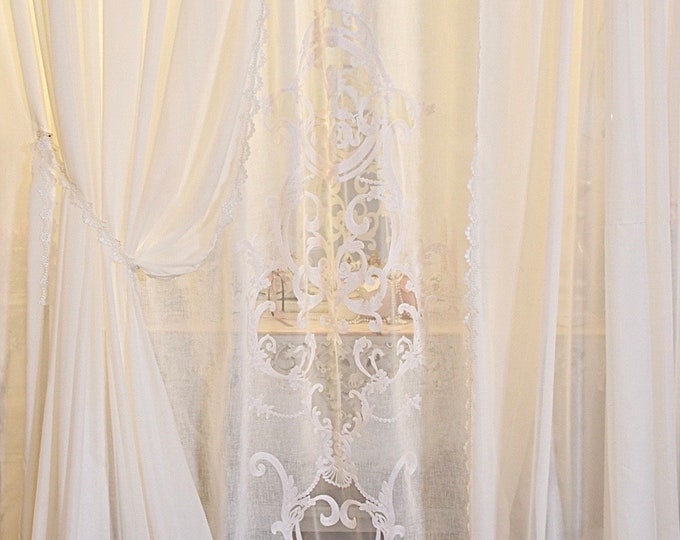 Ivory white and linen georgette curtain set with Italian embroidery from the "Annè" collection.