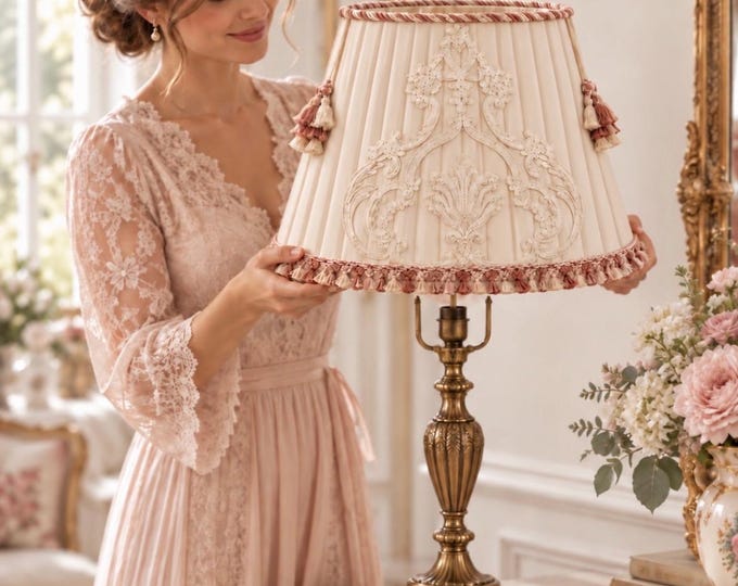 Luxury ivory georgette lampshade with tablò, precious trimmings, romantic handcrafted furniture