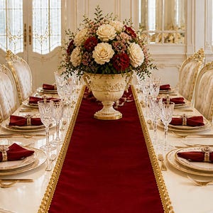Puede incluir: Mesa de comedor elegante para una ocasión formal. Un camino de mesa de terciopelo burdeos con ribete dorado recorre el centro, adornado con un centro de mesa floral. Los cubiertos incluyen platos con borde dorado, copas de cristal y servilletas burdeos.