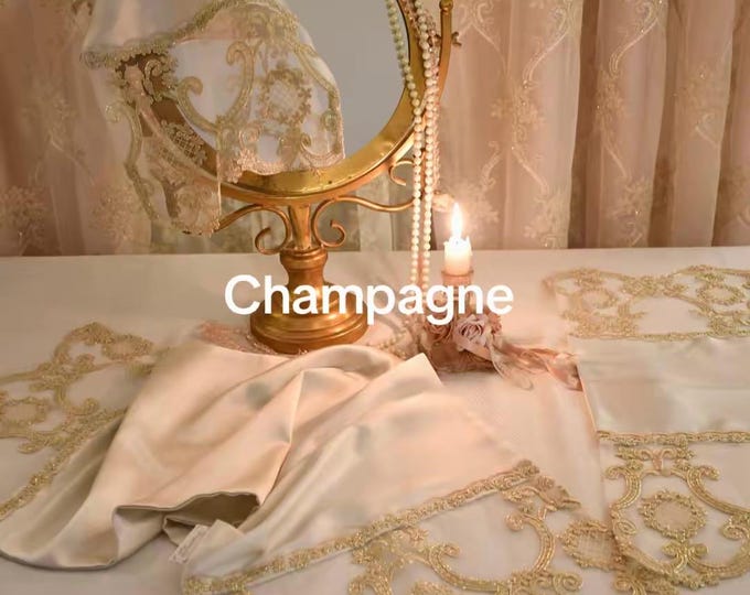 Set of three silk satin doilies with gold baroque border