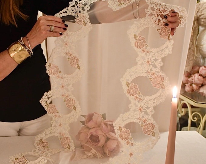 Coordinated "Rose d'Incanto" collection in sheer tulle with lace and embroidered roses. Table runners and centerpieces.