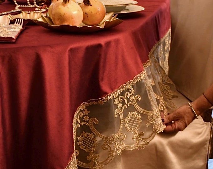 Bordeaux Velvet and Gold Lace Tablecloth “Renaissance”