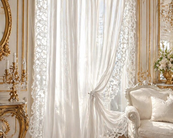 Pure white georgette curtain with white “Rinascimento” lace, Made in Italy