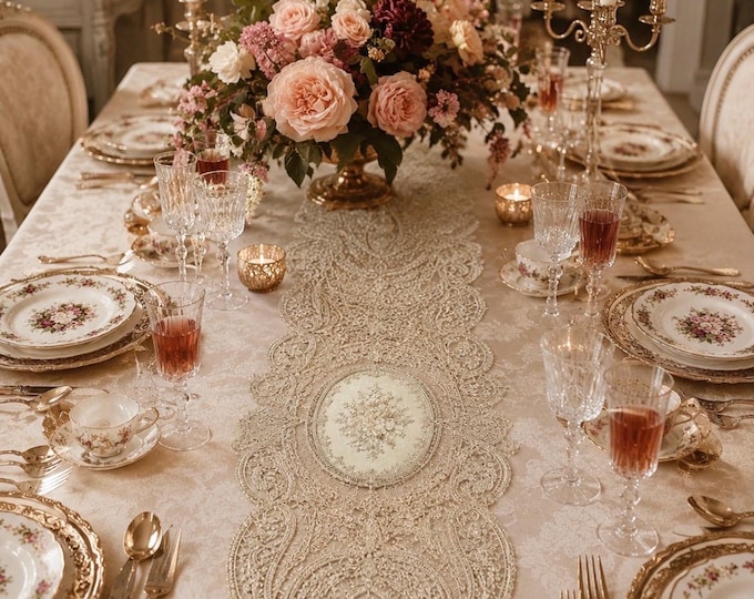 Beige Lace Table Runner with Glittery Gold Threads – Elegant Arabian Style. Luxury Faggianis Centerpiece