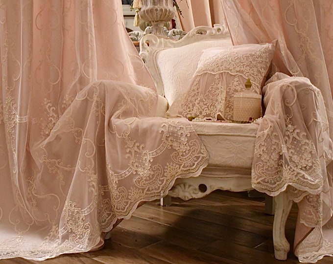 Wonderful curtain in pink georgette and fine Italian lace, “Margaret” collection