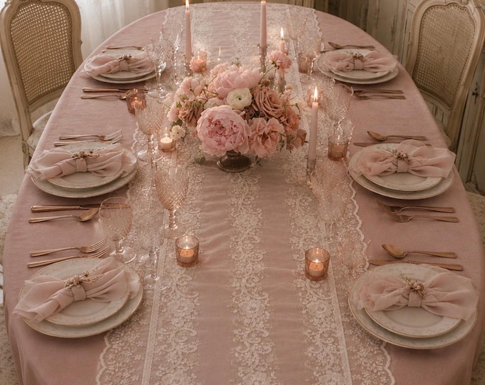 Ivory Embroidered Lace Table Runner – Elegant Romantic Centerpiece – Shabby Chic and Aristocratic Style – Handmade in Italy