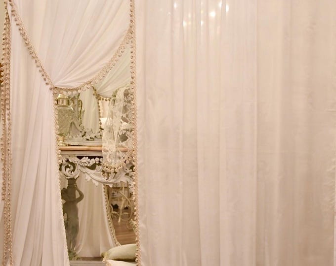 Pair of pure white Italian georgette curtains with precious trimmings
