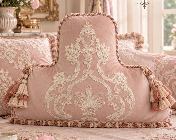 Pink velvet contoured cushion with inlaid lace and trimmings – Handmade padded decorative cushion –