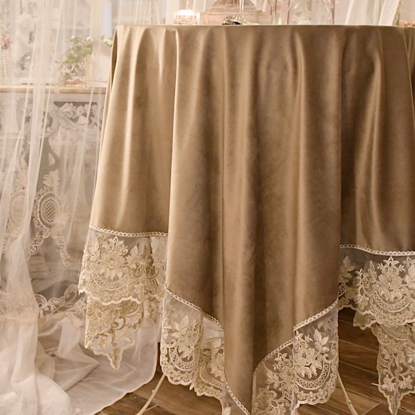 Magnifique nappe / nappe en velours bronze/or vieilli et dentelle « Claire »