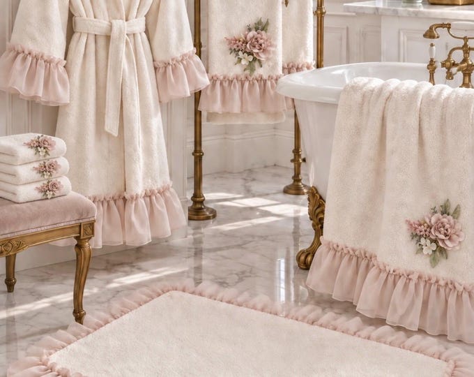 Ivory and pink Italian terry bath set with bathrobe, hand towel, bath sheet, rug, and washcloths | Romantic Peony Collection