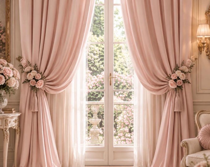 Pair of antique pink chiffon curtains with floral ambers