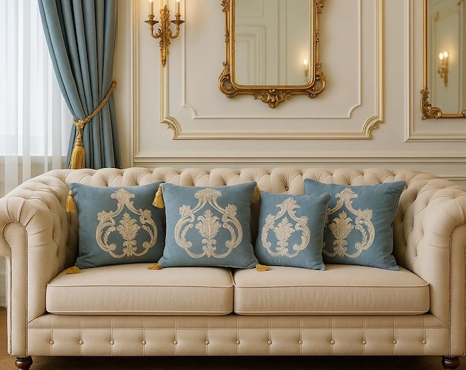 Light blue velvet and precious lace cushion from the "Ottocento" collection
