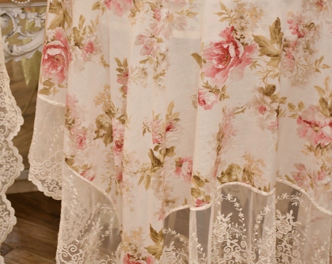 Light floral linen blend tablecloth with “Lyle” lace frill