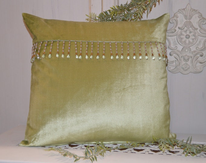 Luxury green velvet cushion and crystal trimmings