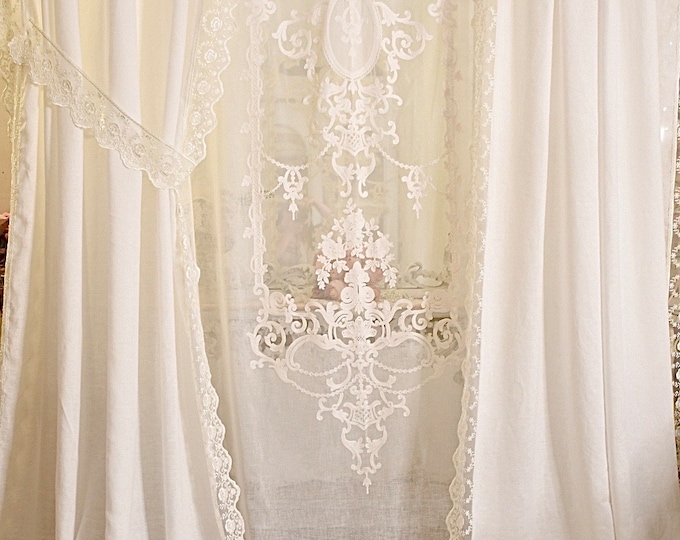 Complete curtain set in pure white linen and mixed linen with Italian embroidery, “Rinascimento” collection