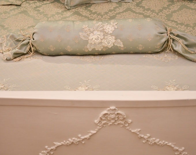 Luxury light blue satin and fine lace cylindrical cushion “Royal Stile” collection