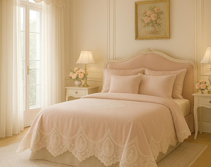 Linen bedspread with soft lace trim Stone washed pure Linen coverlet with 2 pill shams Available in white or pink “Madame”