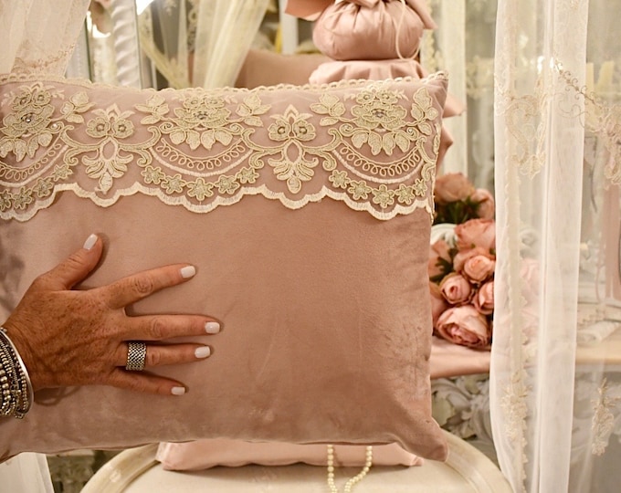 Wonderful pink velvet and lace cushion “Claire”