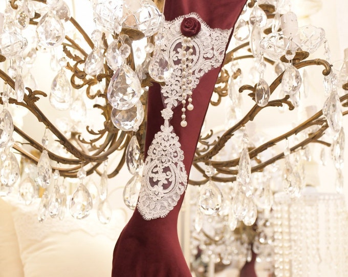 Luxury Italian Christmas Stocking Burgundy Velvet and Ivory Fine Lace