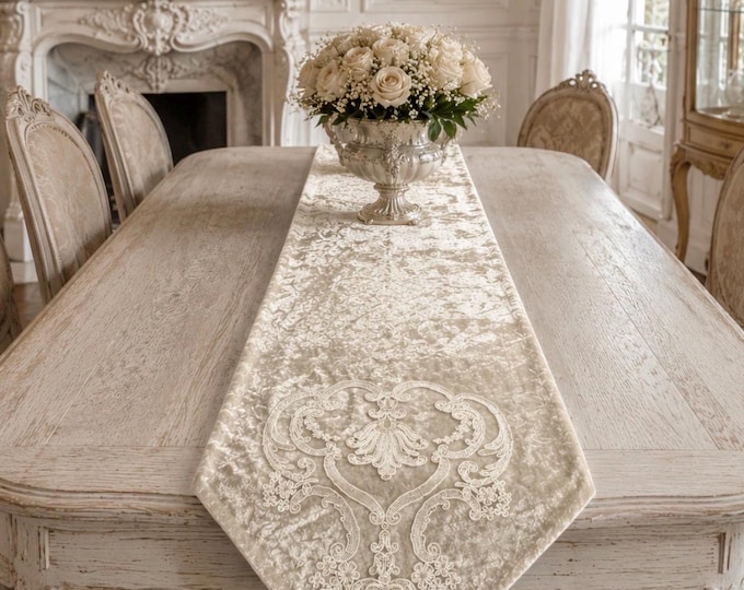 Beige Velvet Table Runner with Lace Trim and Elegant Bows – Handmade in Italy – Classic Style Luxury Centerpiece