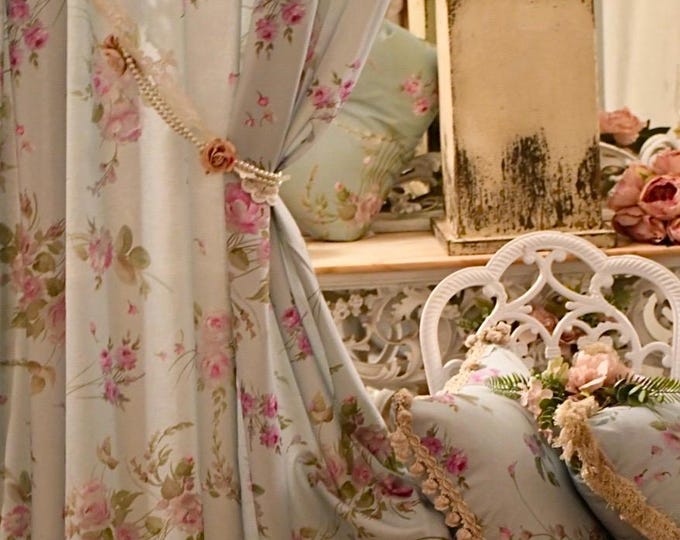 Shabby Chic Floral Curtain Light Blue Made in Italy