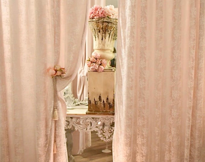 Pink Chantilly Lace and Silk Sateen Curtain Handmade in Italy