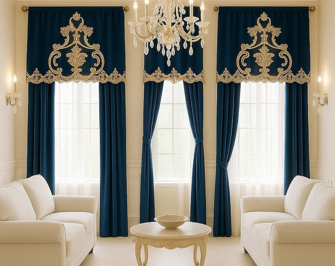 Tailored curtain set in petrol blue velvet with neoclassical Italian rebrodé lace valance, “Ottocento” collection