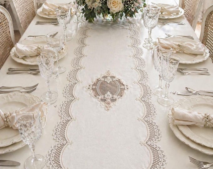 Runner in puro lino Stone Washed con pizzo elegante – bianco o rosa cipria, varie misure