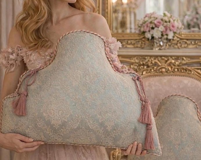 Cartiglio Cushion in Blue or Green Brocade with Pink and Ivory Trimmings – Handmade Decorative Pillow