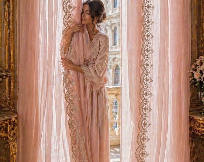 Italian georgette curtain set lined with rebrodé lace, luxury tailored curtains.