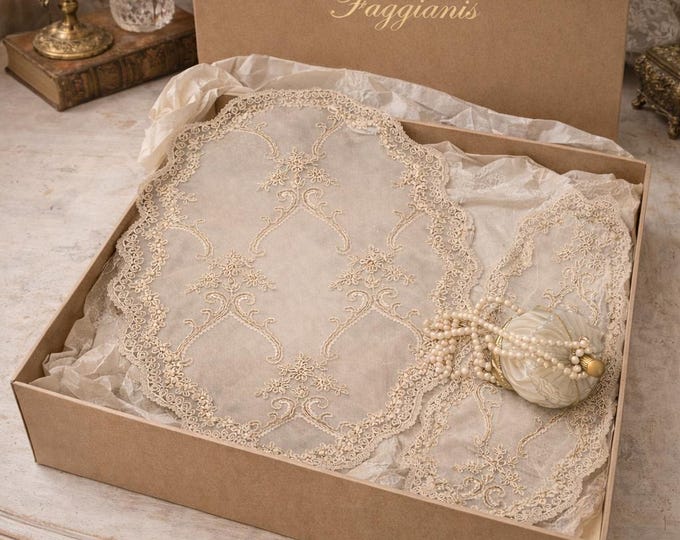 Set of three gold embroidered tulle doilies for dressers and nightstands, 3-piece set, elegant doilies for bride and mother, romantic baroque style