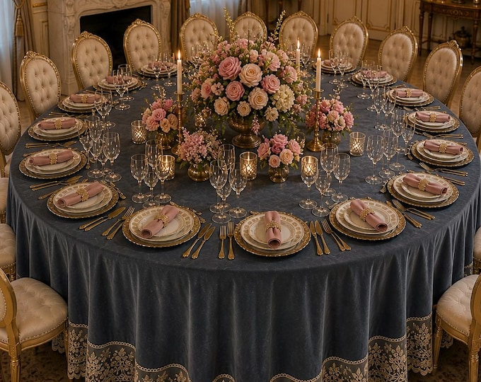 Wonderful blue velvet and lace “Claire” tablecloth / cover