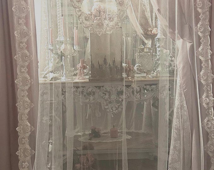 Tulle curtain with pink and ivory Chantilly lace, Romantic shabby chic style