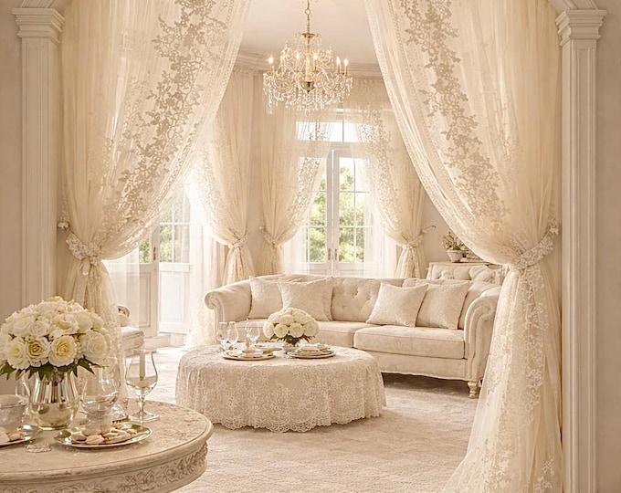 Completo Tende in Tulle Ricamato Bianco Candido – 4 Teli Artigianali White Embroidered Tulle Curtain Set - 4 Handmade Panels