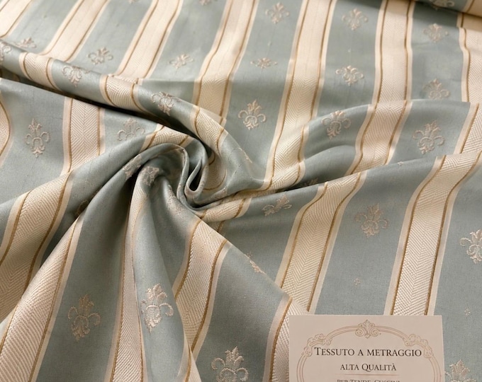 Royal Style Upholstery Fabric – 100% Italian Cotton – Blue Stripe and Lily – Width 280 cm