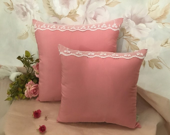 Intense powder pink taffeta and lace pillow cover handmade in Italy