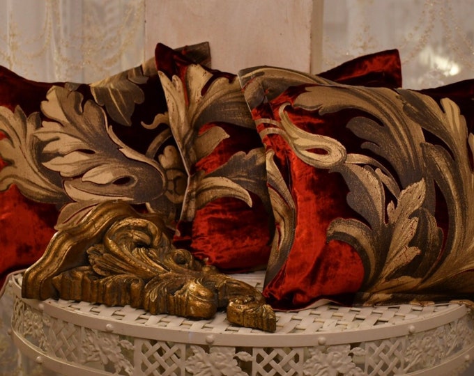 Trio of burgundy velvet silk cushions “Renaissance”