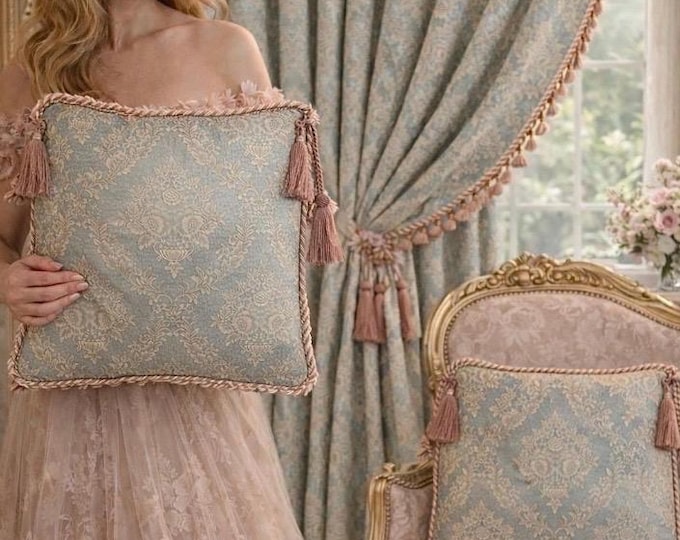 Handmade Italian cotton brocade cushion in light blue or green with pink trimmings and bows